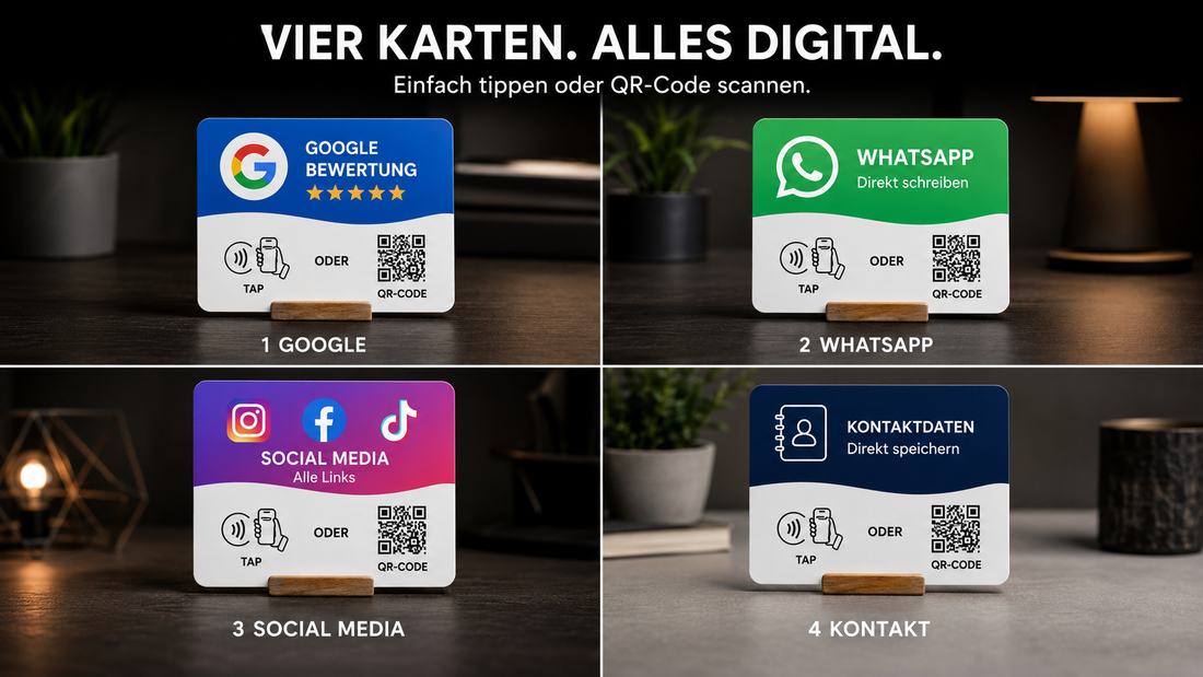 Vier NFC-Kartenvarianten mit Tap-Feld und QR-Code