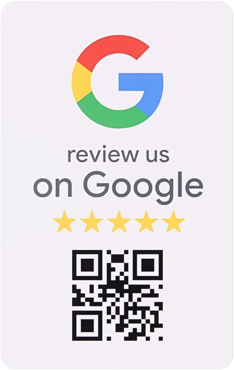 Google Review Card, QR-Seite: Google-Logo, „review us on Google“, fünf Sterne und ein QR-Code