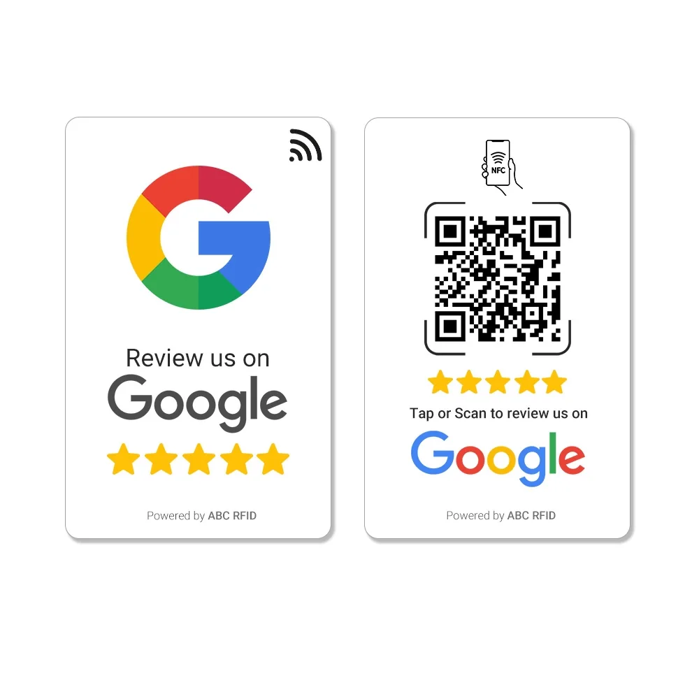 Designvariante der Google Review Card: Vorderseite mit NFC-Symbol, Rückseite mit QR-Code und dem Hinweis „Tap or Scan to review us on Google“